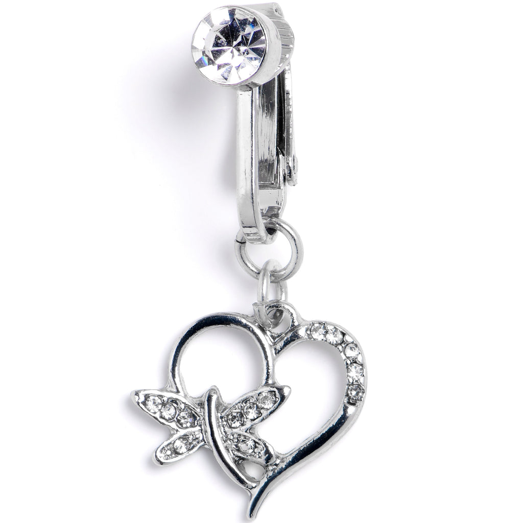 BodyCandy Clear CZ Gem Heart Dragonfly Love Dangle Clip on Fake Belly Ring — main product shot