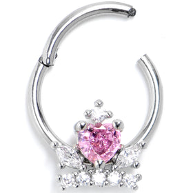 16G 3/8 Pink Clear CZ Gem Crown Heart Hinged Segment Ring