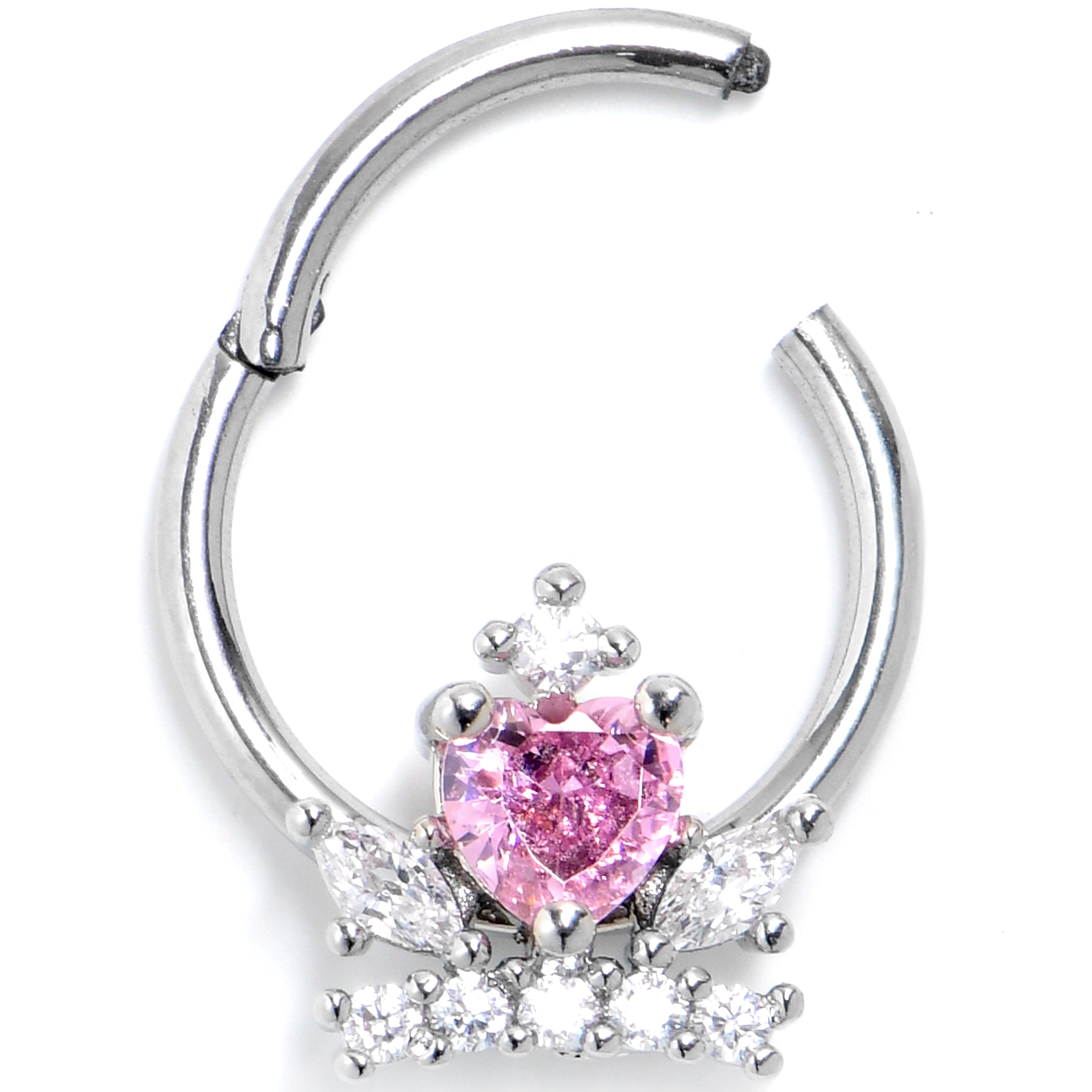 BodyCandy 16G 3/8 Pink Clear CZ Gem Crown Heart Hinged Segment Ring — main product shot