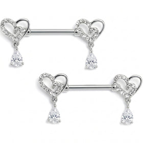14G 9/16 Clear CZ Gem Asymmetrical Heart Dangle Nipple Ring Set