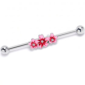 14G Clear Gem Perfect Pink Flower Trio Industrial Barbell 38mm