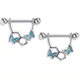 14G 9/16 Blue Gem Hexagon Butterfly Dangle Nipple Ring Set