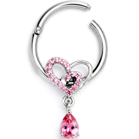 16G 3/8 Pink CZ Gem Asymmetrical Heart Dangle Hinged Segment Ring