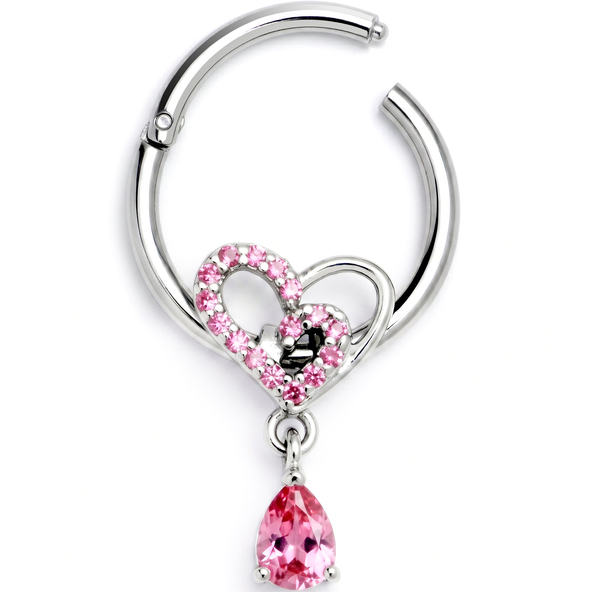 16G 3/8 Pink CZ Gem Asymmetrical Heart Dangle Hinged Segment Ring