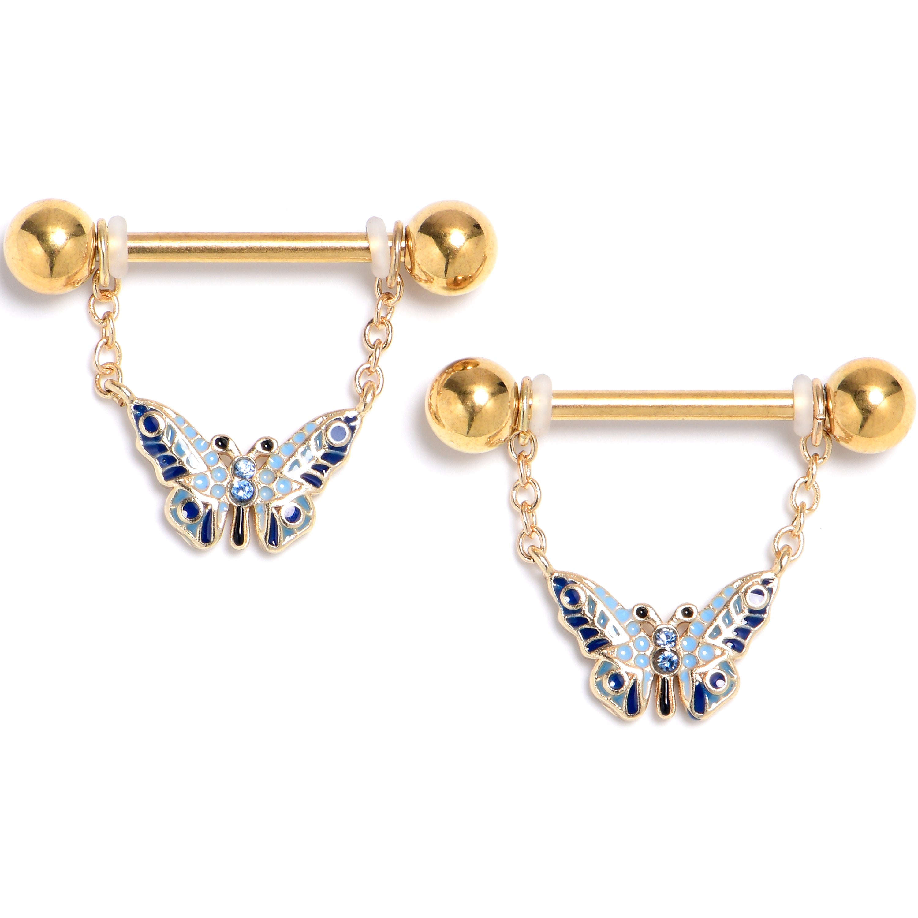 BodyCandy 14G 9/16 Blue Gem Gold Tone Evening Butterfly Dangle Nipple Ring Set — main product shot