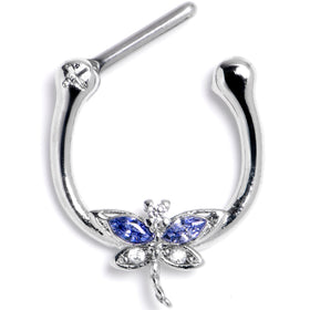 16G  5/16 Blue Clear CZ Gem Dragonfly Style Cartilage Clicker