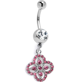 Clear Pink Gem Curved Cross Dangle Belly Ring