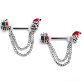14G 9/16 Clear Gem Santa Skull Gift Chain Dangle Nipple Ring Set