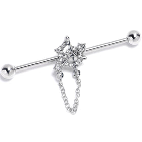14G Clear Gem Spiderweb Chain Dangle Industrial Barbell 38mm