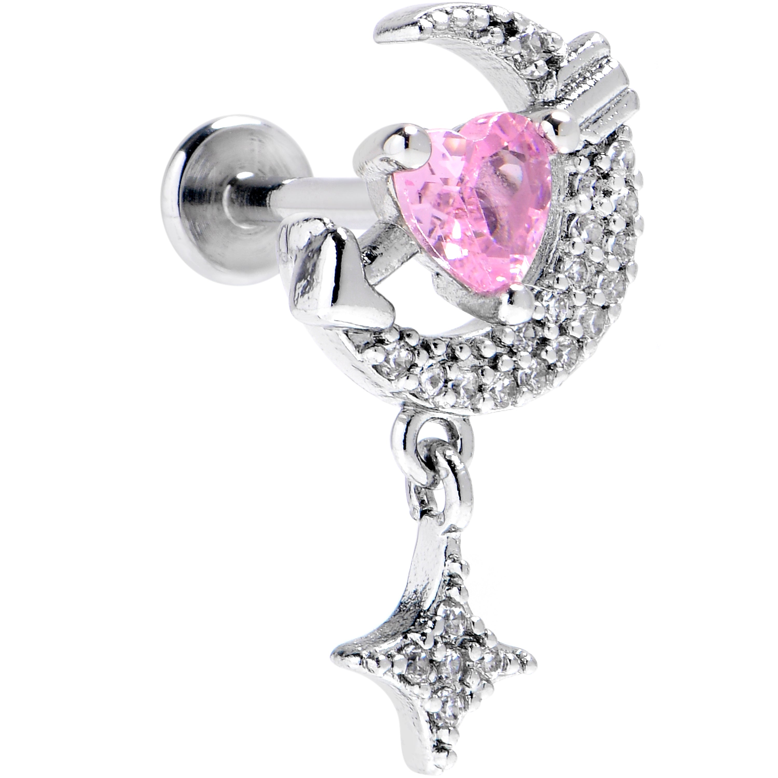 BodyCandy 16G Pink CZ Gem Moon Lover Internally Threaded Labret Monroe Tragus — main product shot
