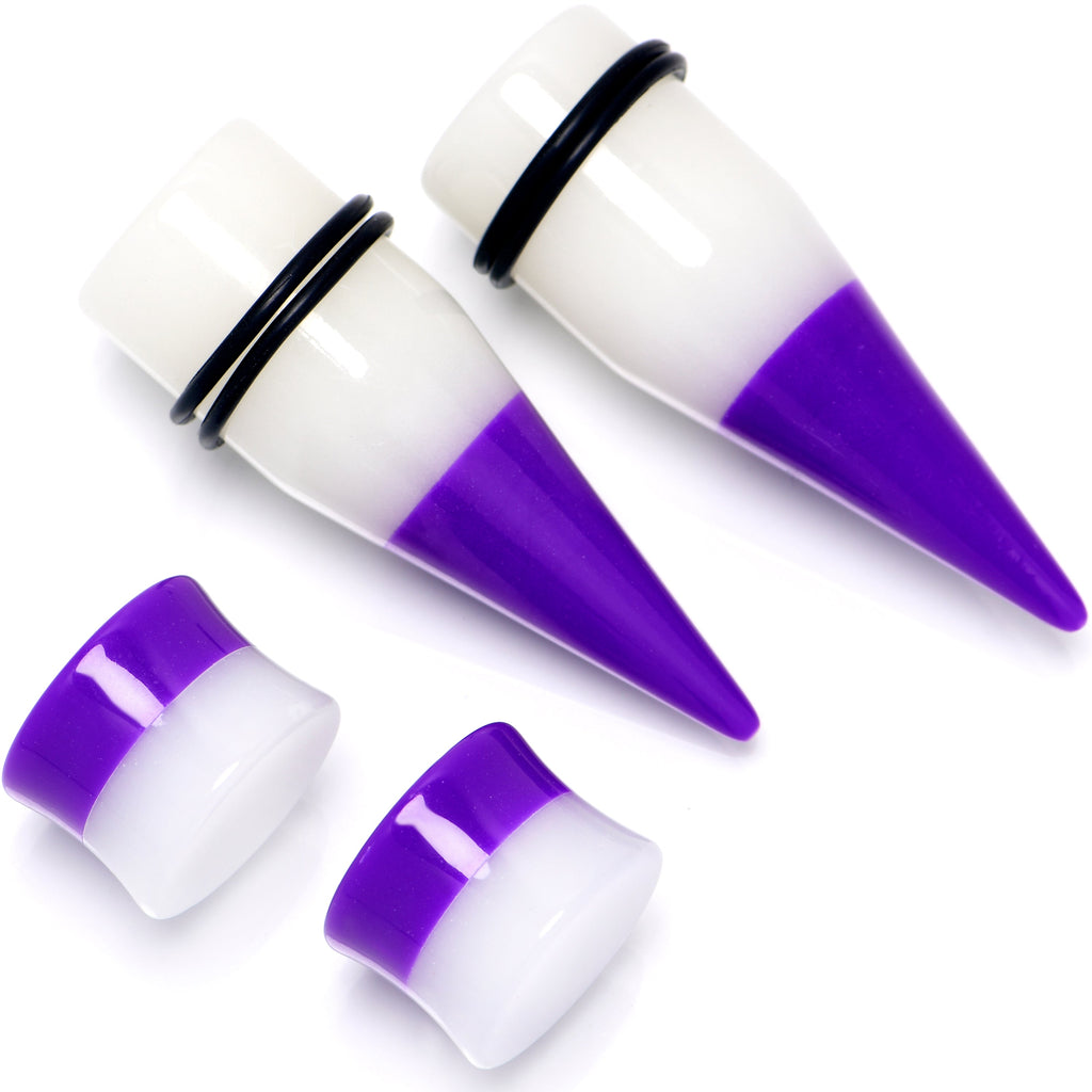 BodyCandy Purple White Acrylic Glow in the Dark Taper Saddle Plug Set 8mm to 16mm Sizes — size reference