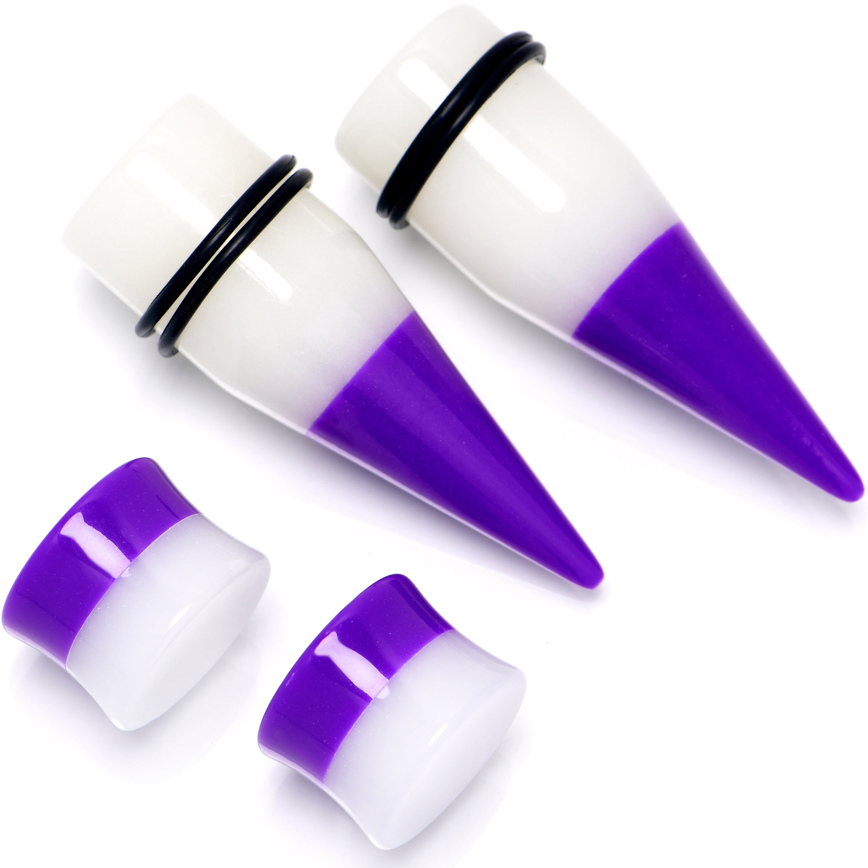 BodyCandy Purple White Acrylic Glow in the Dark Taper Saddle Plug Set 8mm to 16mm Sizes — main product shot