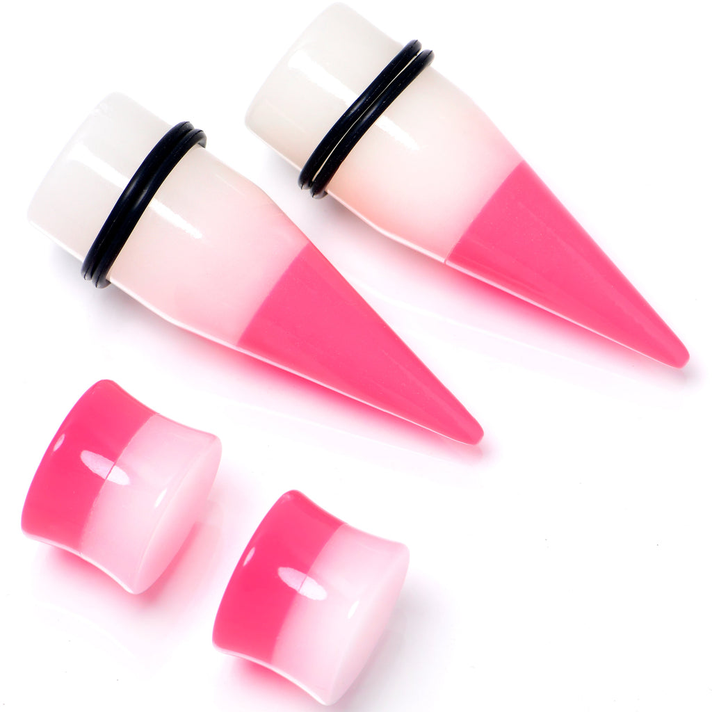 BodyCandy Pink White Acrylic Glow in the Dark Taper Saddle Plug Set  8mm to 16mm Sizes — main product shot