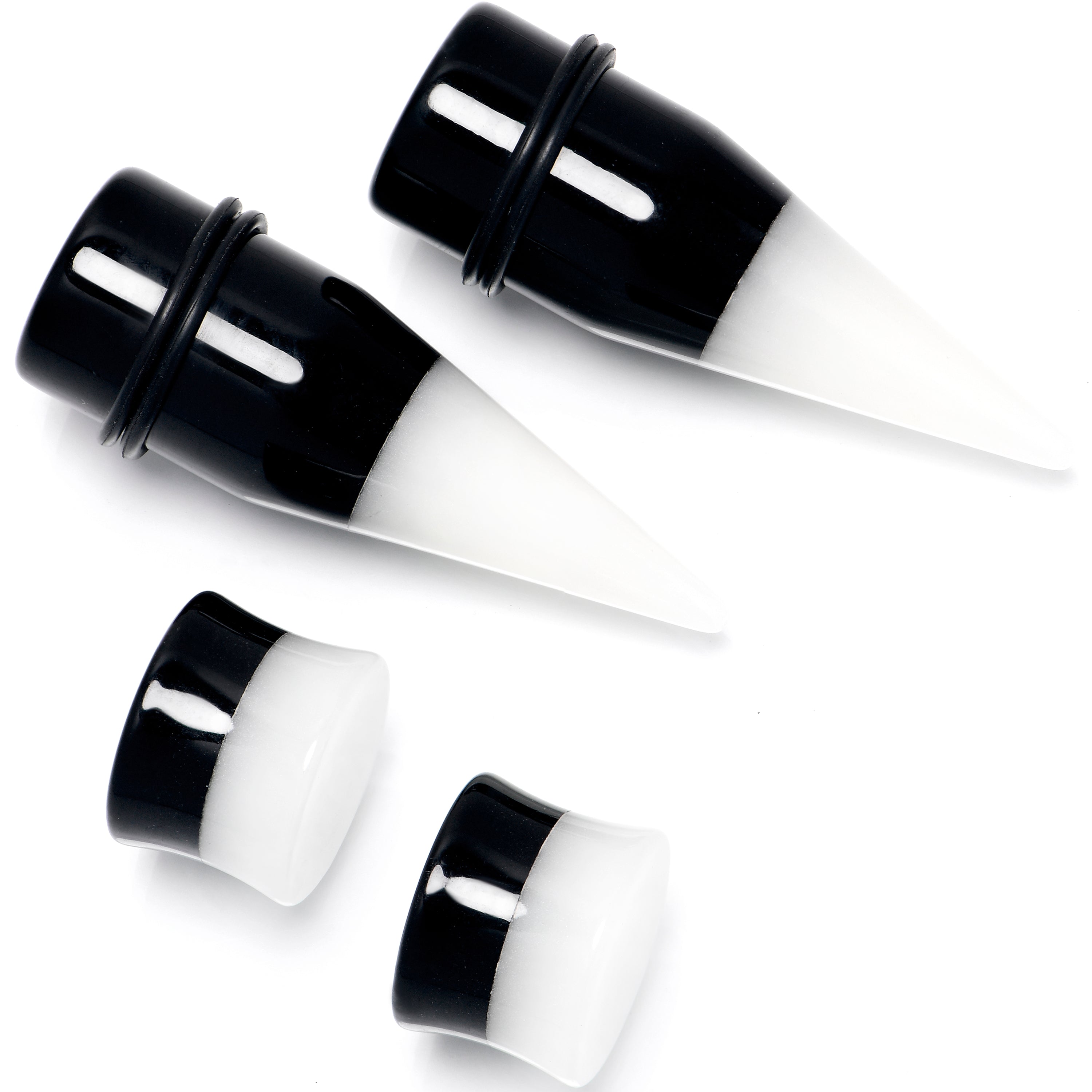 BodyCandy Black White Acrylic Glow in the Dark Taper Saddle Plug Set 8mm to 16mm Sizes — size reference