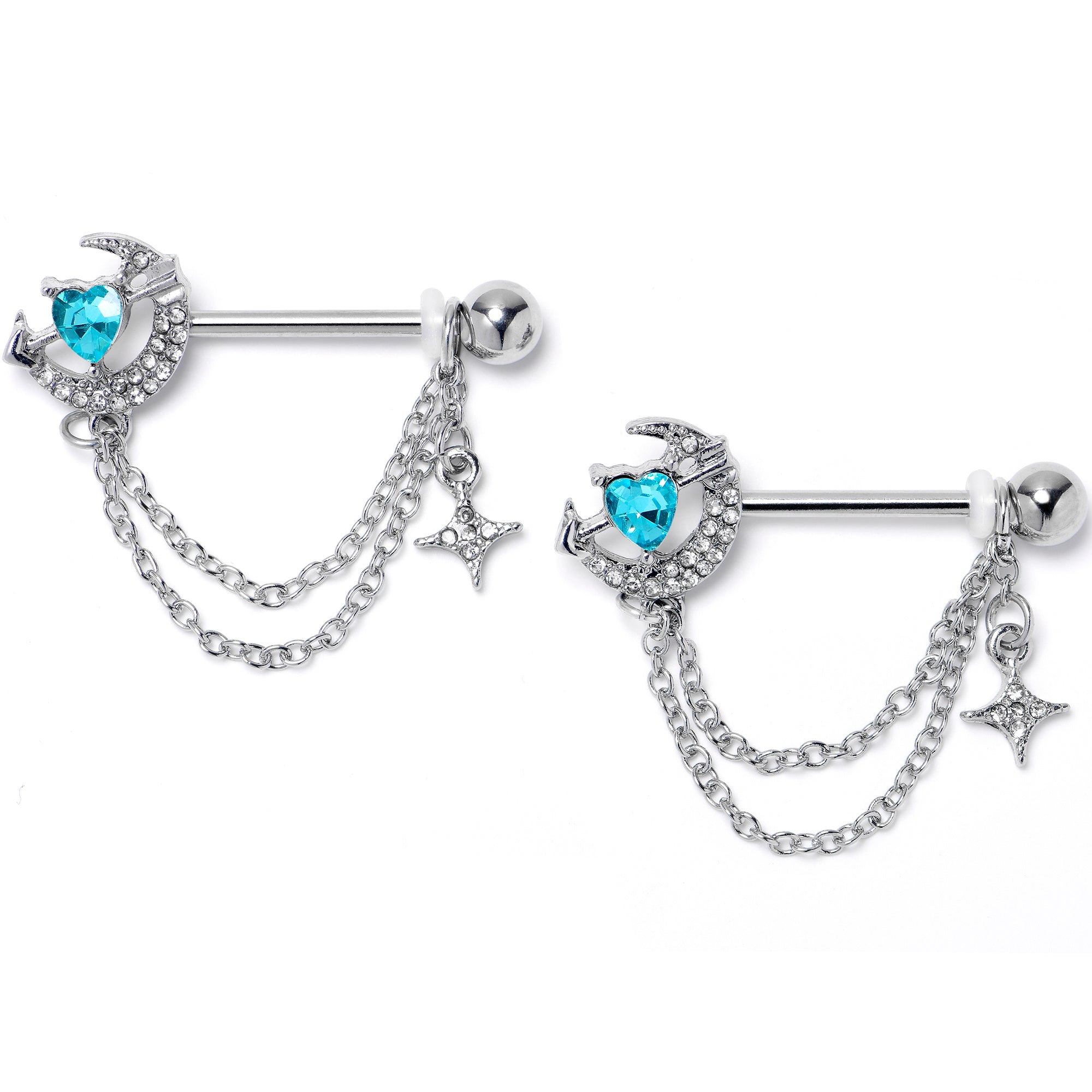 BodyCandy 14G 9/16 Blue Clear Gem Moon Lover Chain Dangle Nipple Ring Set — main product shot