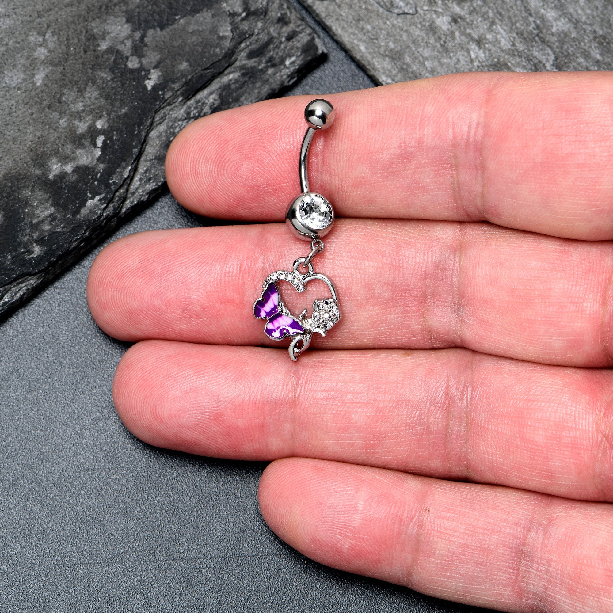 BodyCandy Clear Gem Butterfly Rose Flower Purple Dangle Belly Ring — detail close-up