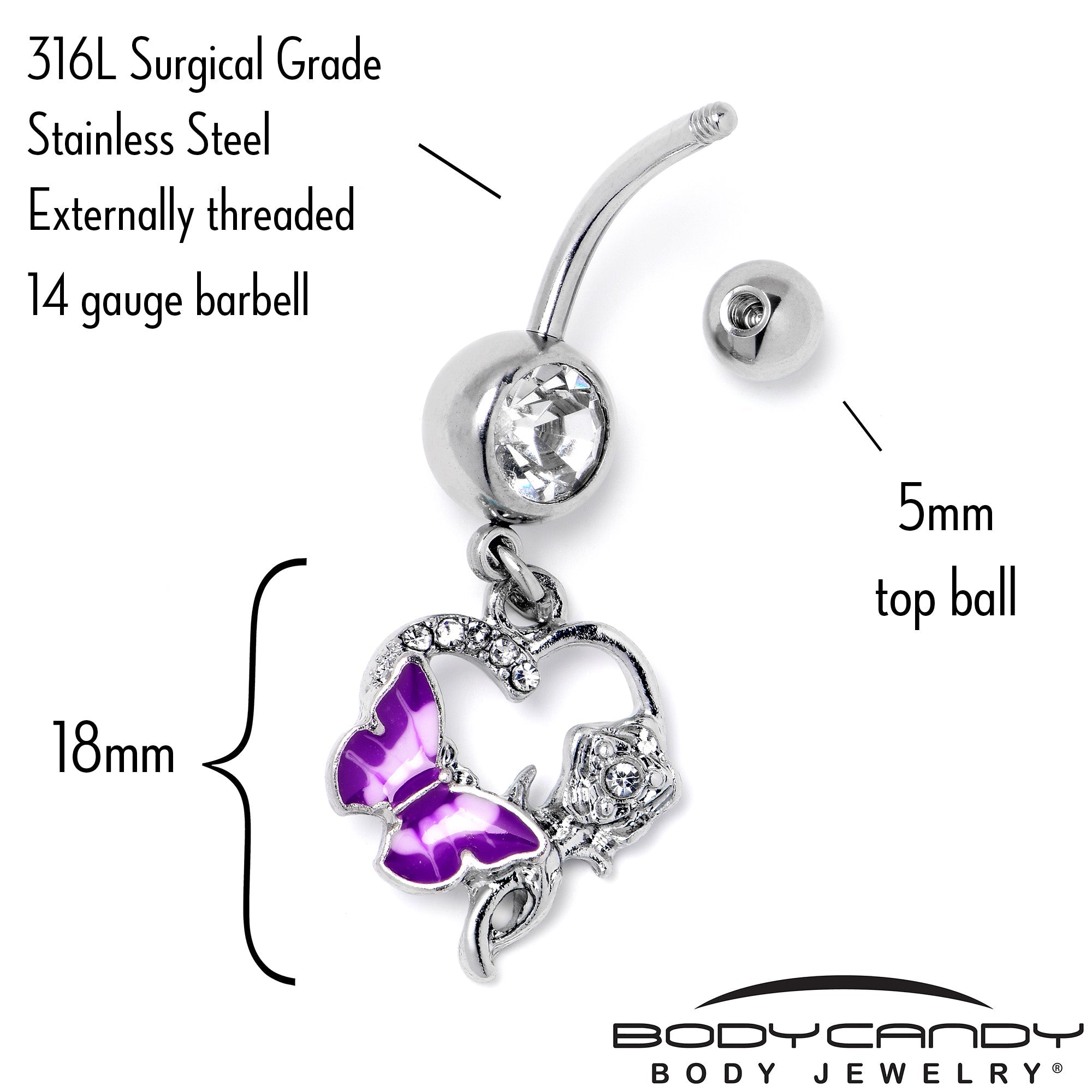 BodyCandy Clear Gem Butterfly Rose Flower Purple Dangle Belly Ring — side view