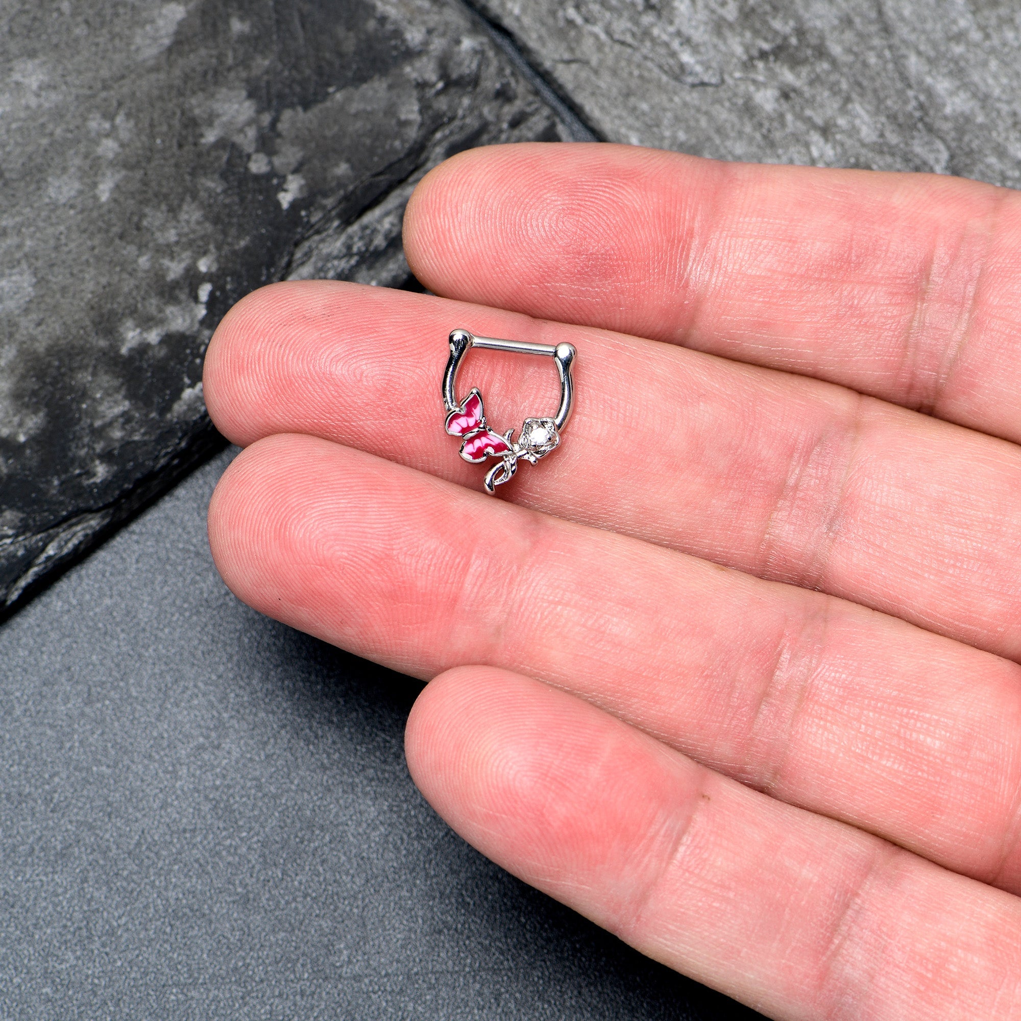BodyCandy 16G 5/6 Clear CZ Gem Butterfly Rose Flower Pink Cartilage Clicker — detail close-up