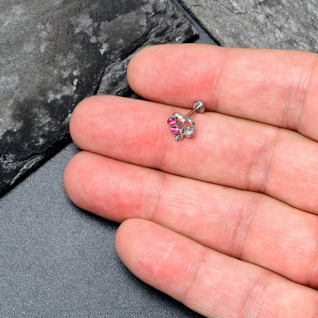 BodyCandy 16G 5/16 Clear CZ Gem Butterfly Rose Pink Internally Threaded Labret — side view