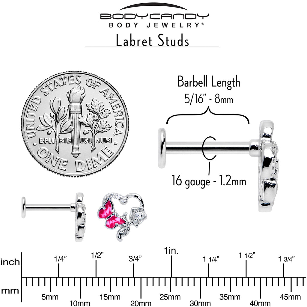 BodyCandy 16G 5/16 Clear CZ Gem Butterfly Rose Pink Internally Threaded Labret — alternative angle