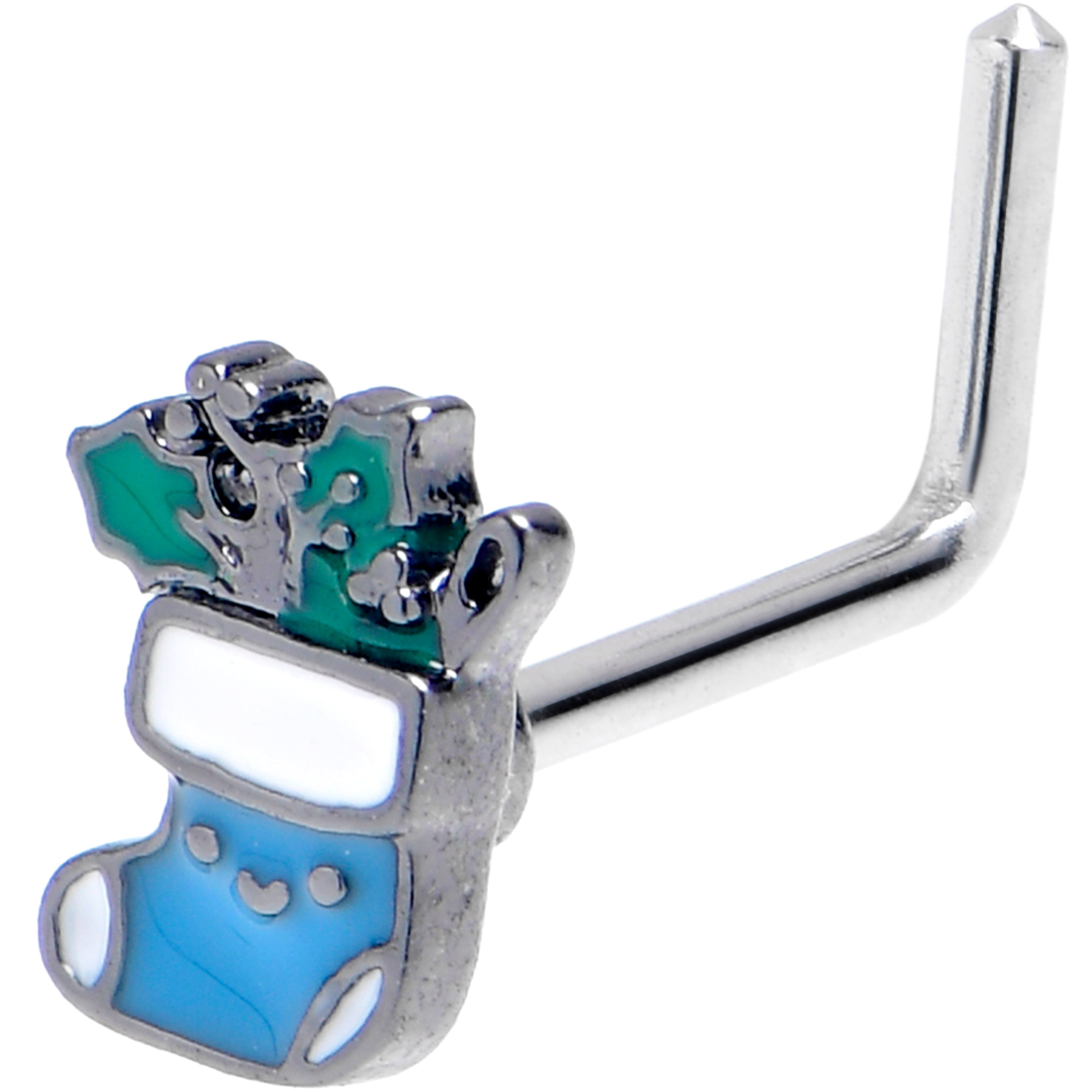 BodyCandy 20G 7mm Festive Blue Christmas Stocking L Shape Nose Ring — main product shot