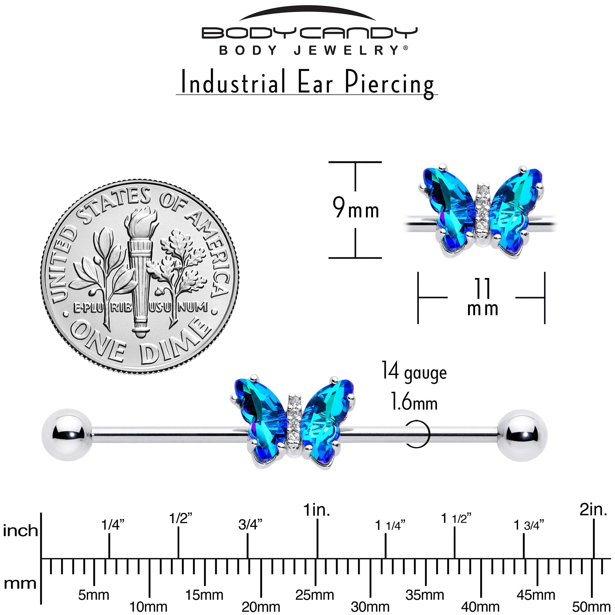 BodyCandy 14G Blue CZ Gem Simply Colorful Butterfly Industrial Barbell 38mm — alternative angle