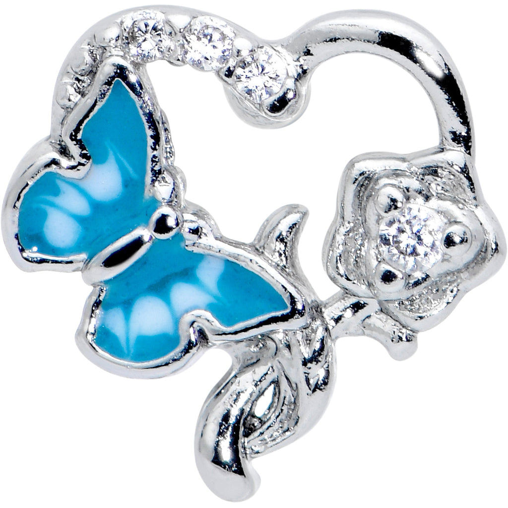 BodyCandy 16G 1/4 Clear CZ Gem Butterfly Rose Blue Cartilage Tragus Stud — detail close-up