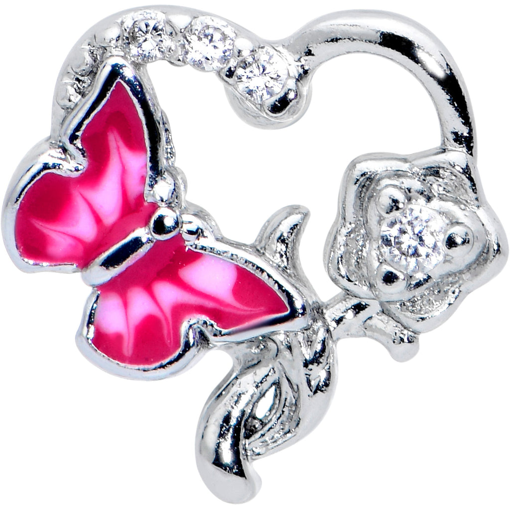 BodyCandy 16G 1/4 Clear CZ Gem Butterfly Rose Pink Cartilage Tragus Stud — detail close-up