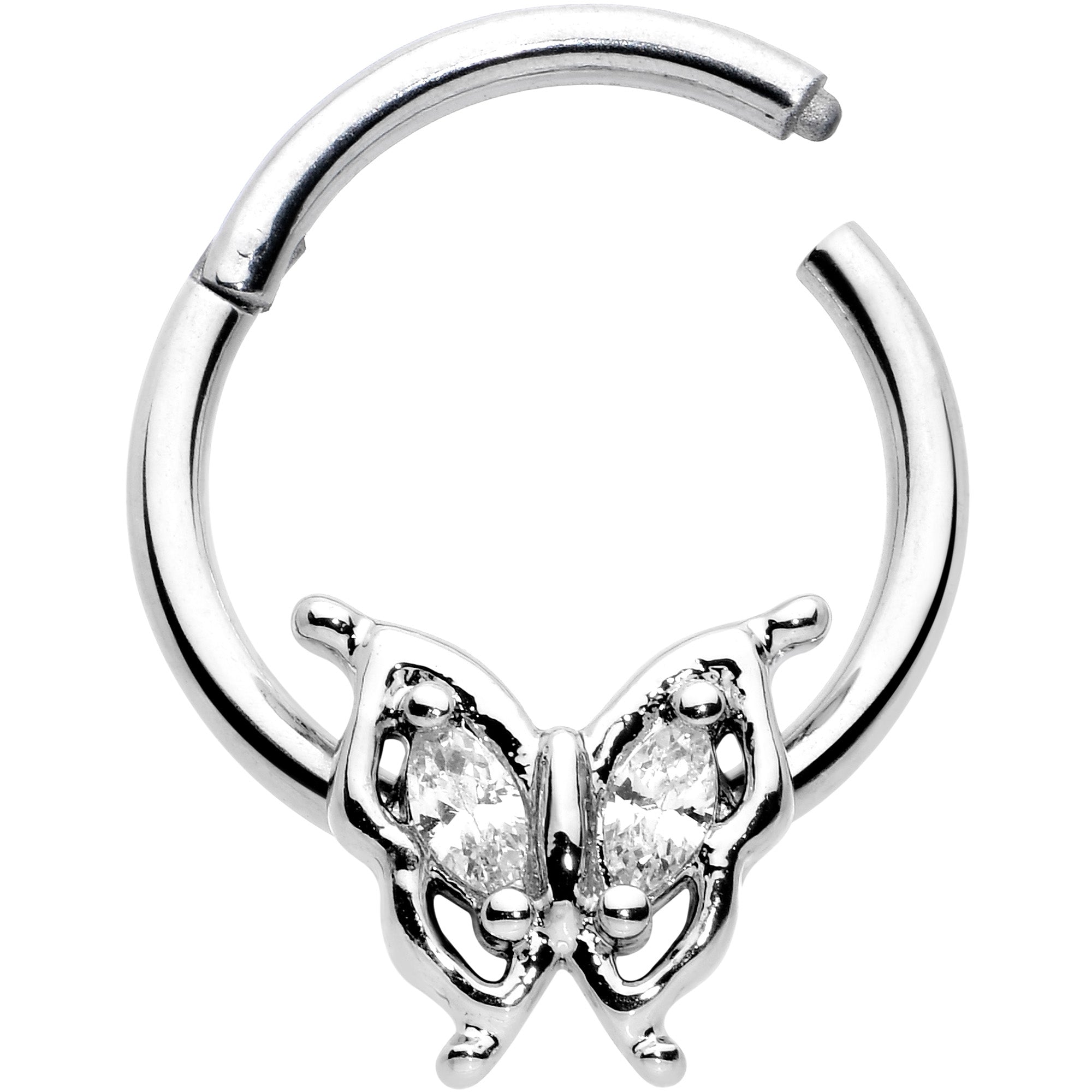 BodyCandy 16G 3/8 Clear Gem Fancy Fab Butterfly Hinged Segment Ring — detail close-up