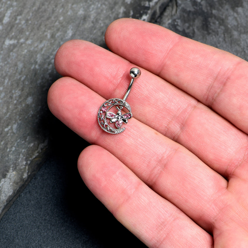 BodyCandy Pink Gem Lunar Dragonfly Belly Ring — detail close-up