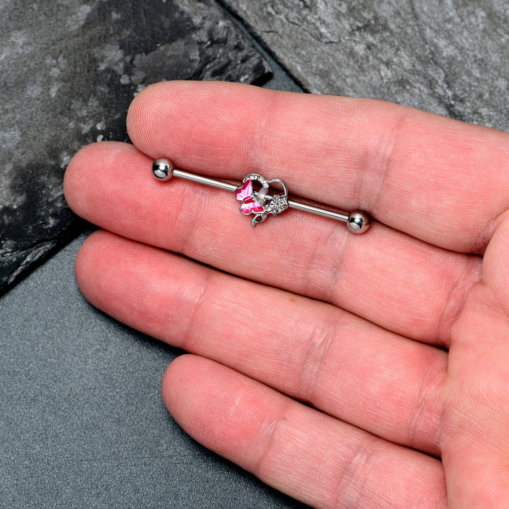BodyCandy 14G Clear Gem Butterfly Rose Flower Pink Industrial Barbell 38mm — lifestyle context