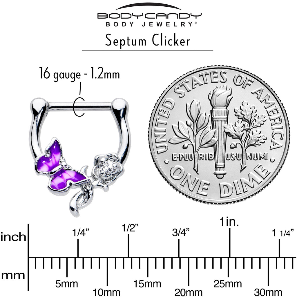 BodyCandy 16G 5/6 Clear Gem Butterfly Rose Flower Purple Cartilage Clicker — back view