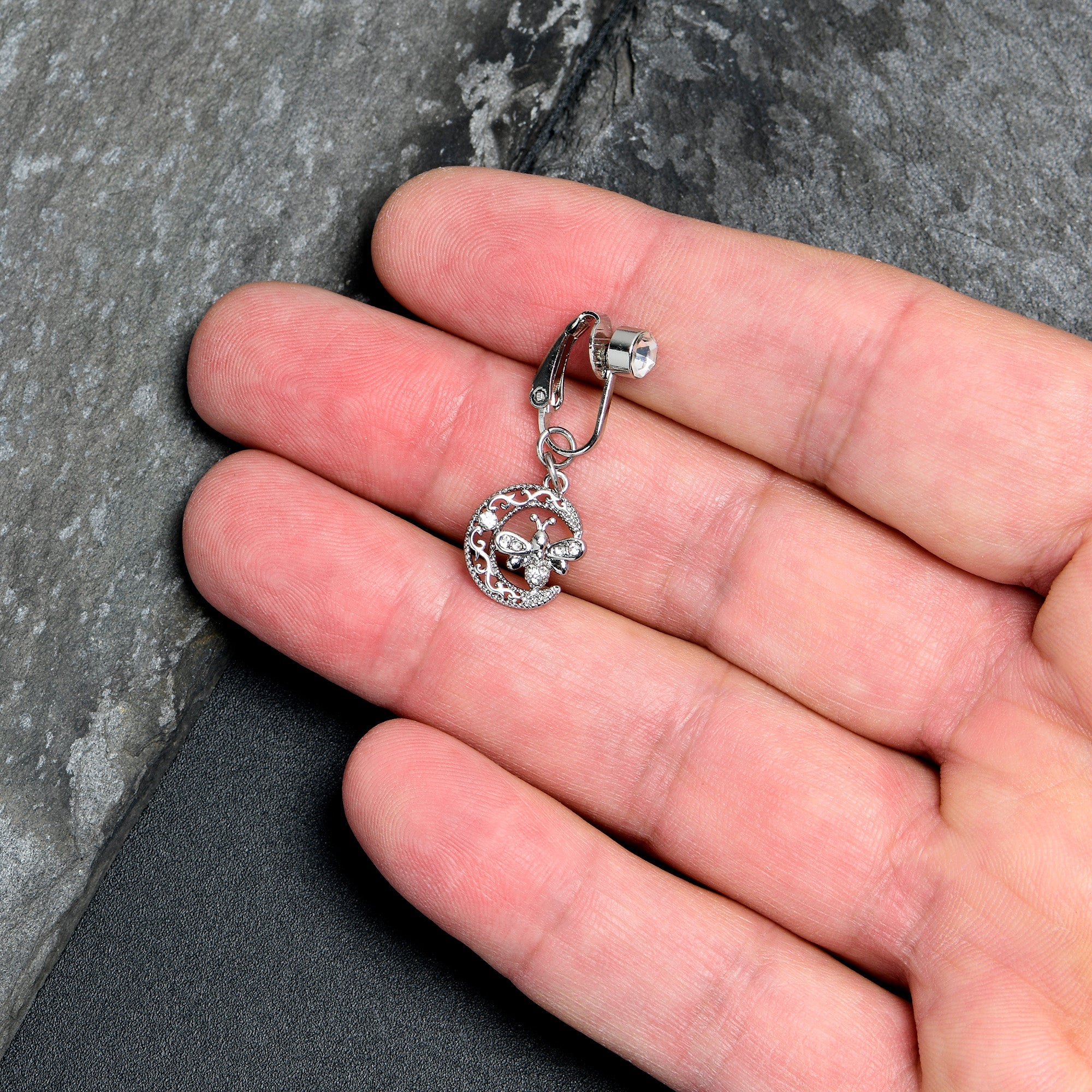 BodyCandy Clear Gem Lunar Dragonfly Fake Clip On Belly Ring — lifestyle context
