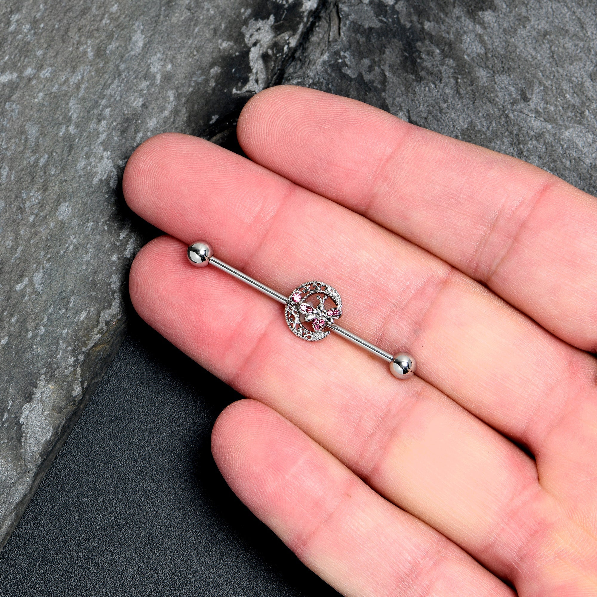 BodyCandy 14G Pink Gem Lunar Dragonfly Industrial Barbell 38mm — lifestyle context