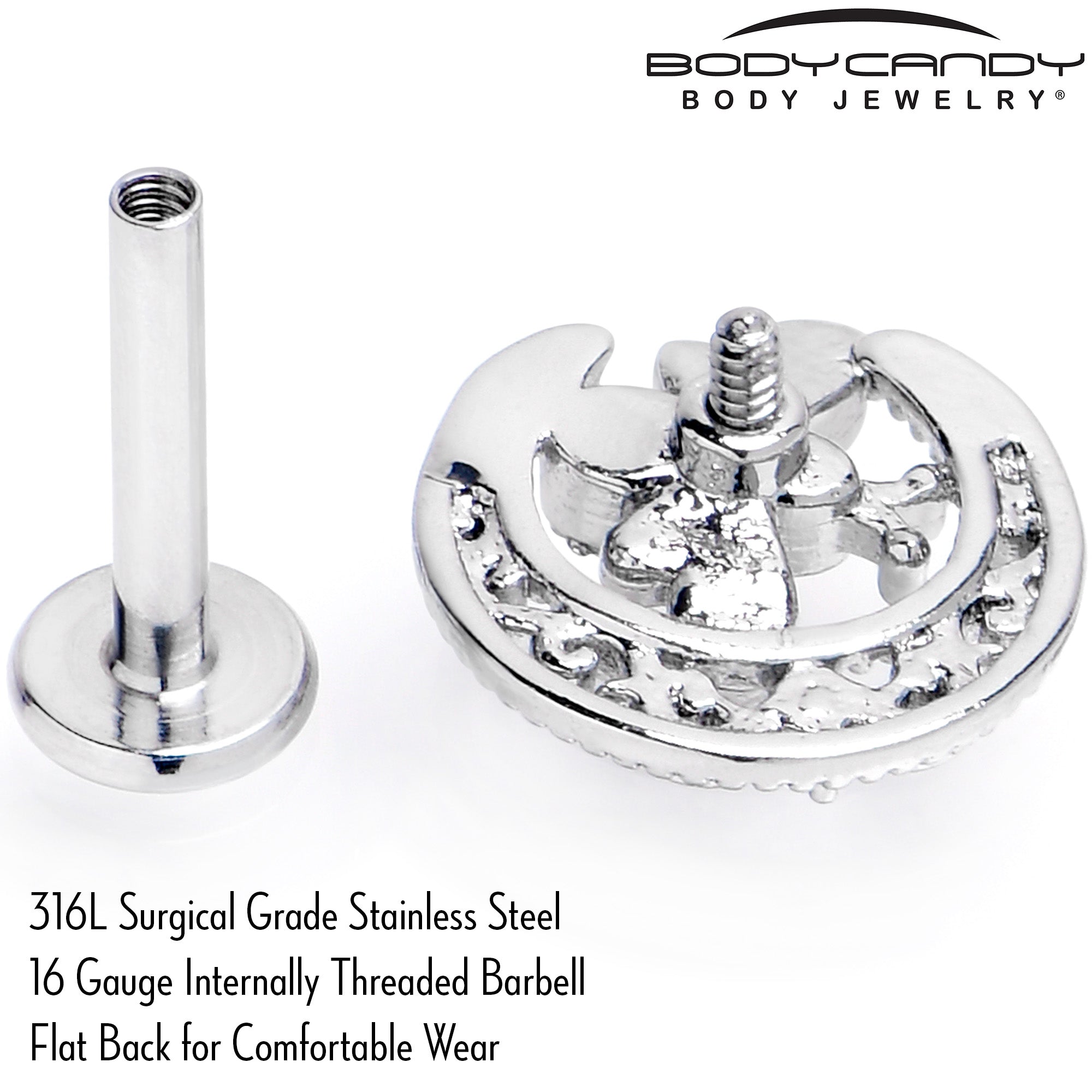 BodyCandy 16G 5/16 Blue Gem Lunar Dragonfly Internally Threaded Labret Tragus — back view
