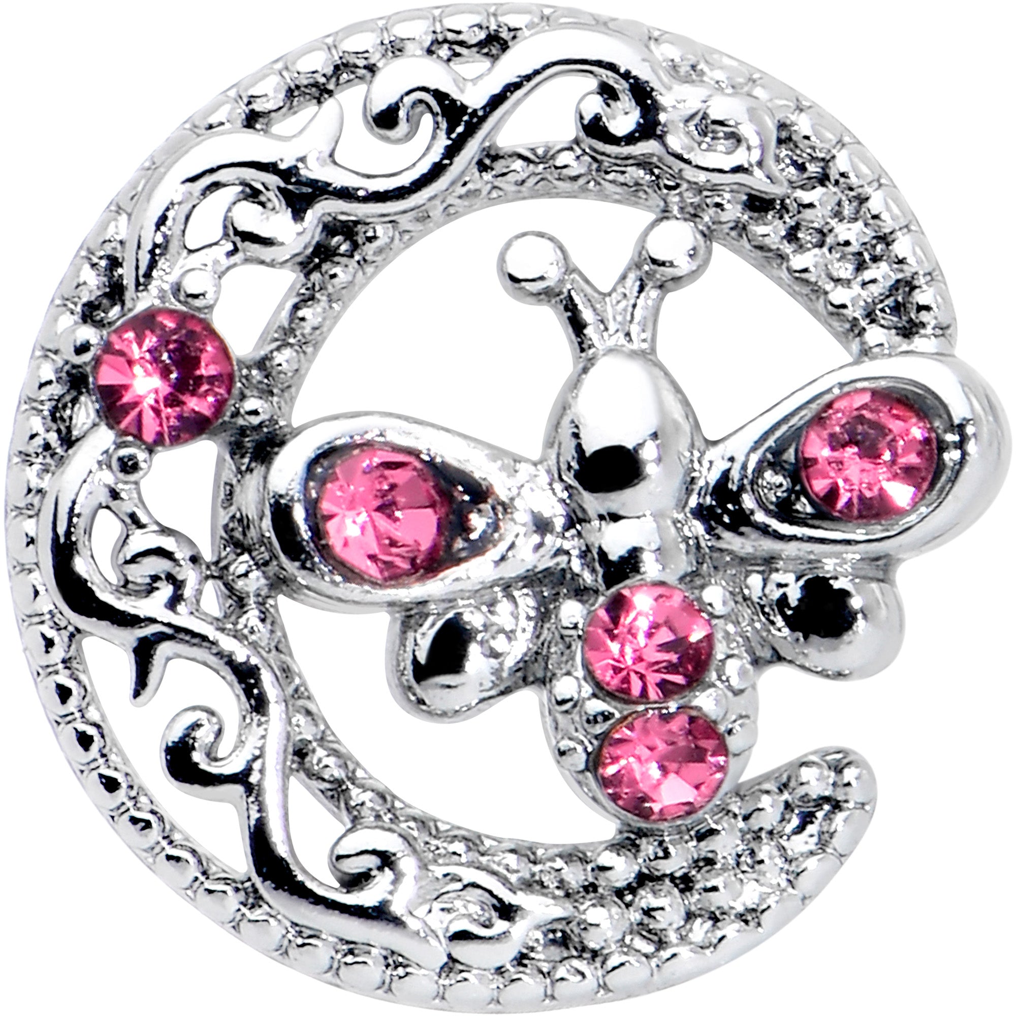 BodyCandy 16G 5/16 Pink Gem Lunar Dragonfly Internally Threaded Labret Tragus — detail close-up