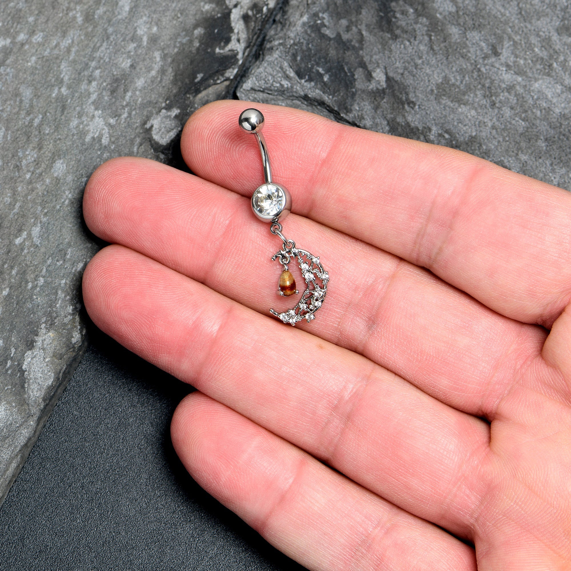BodyCandy Orange Clear Gem Constellation Moon Dangle Belly Ring — detail close-up
