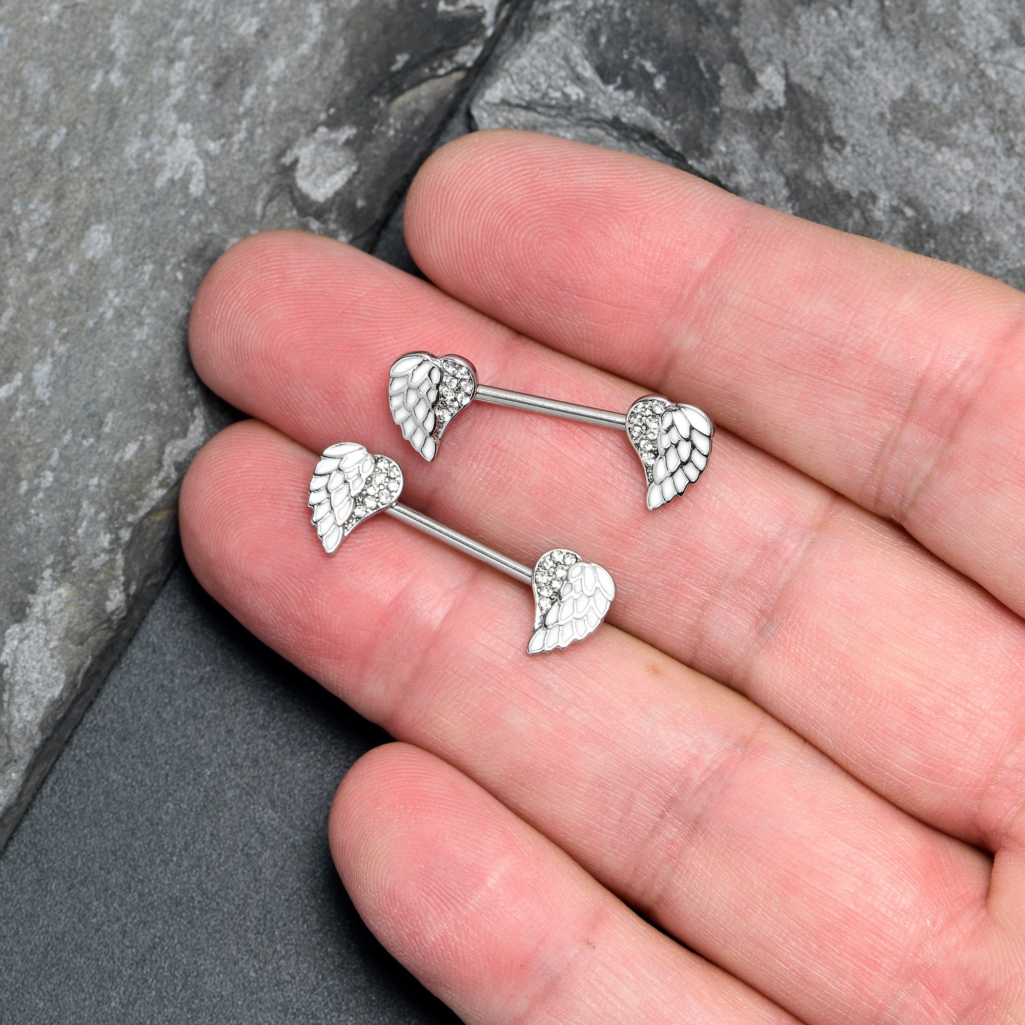 BodyCandy 14G 9/16 White Heavenly Heart Angel Wings Barbell Nipple Ring Set — lifestyle context