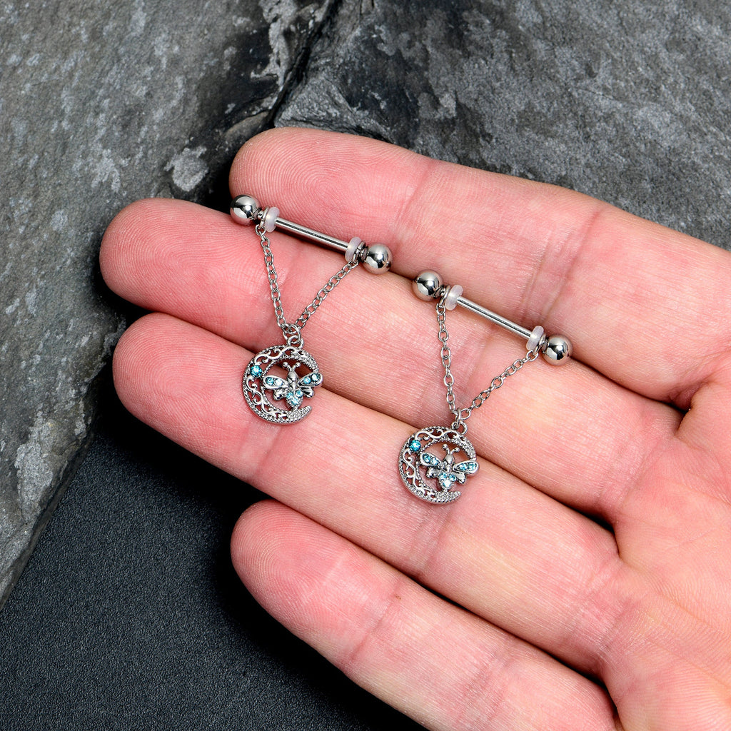 BodyCandy 14G 9/16 Blue Gem Lunar Dragonfly Chain Dangle Nipple Ring Set — detail close-up