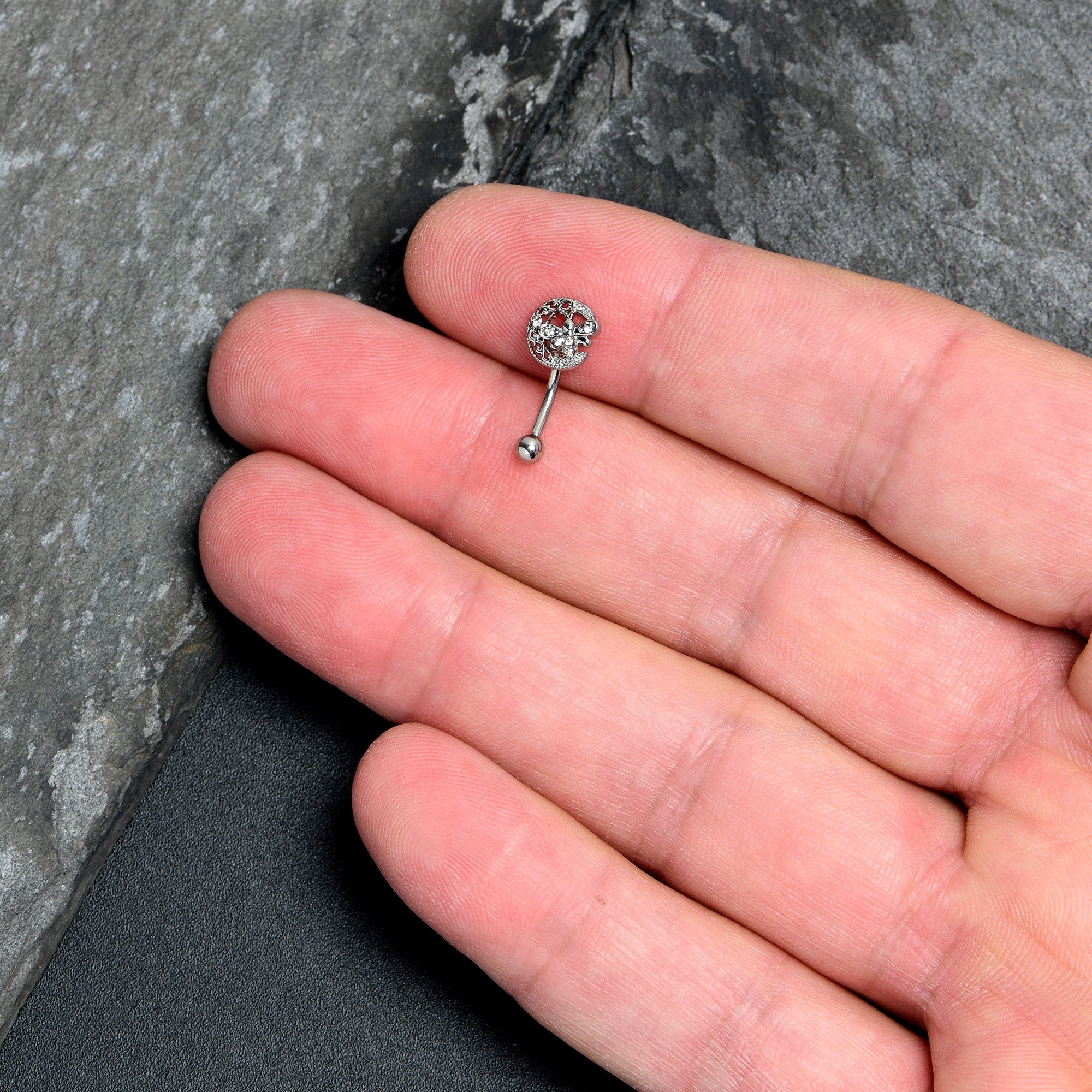 BodyCandy 16G 5/16 Clear Gem Lunar Dragonfly Curved Eyebrow Ring — detail close-up