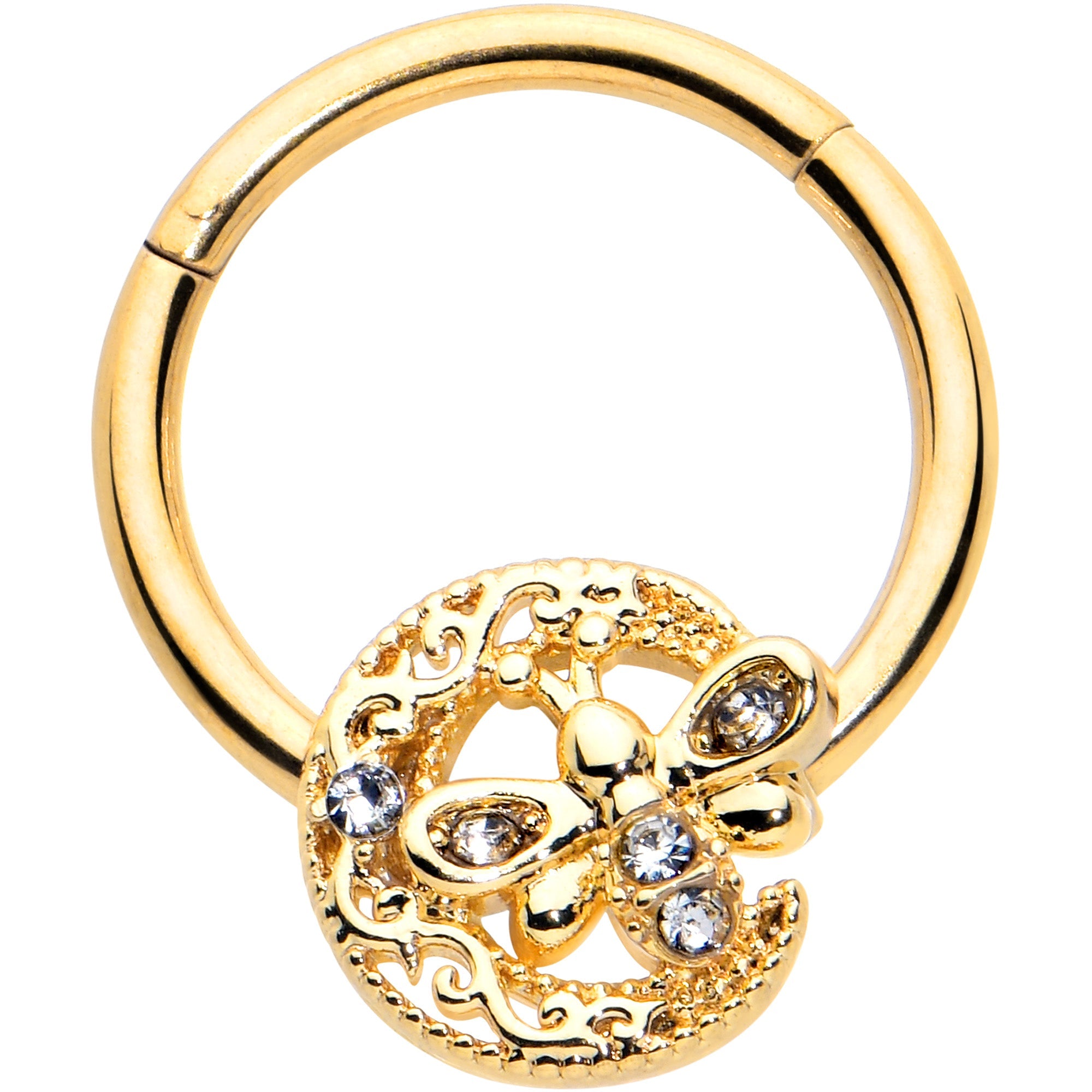 BodyCandy 16G 3/8 Clear Gem Gold Tone Lunar Dragonfly Hinged Segment Ring — main product shot