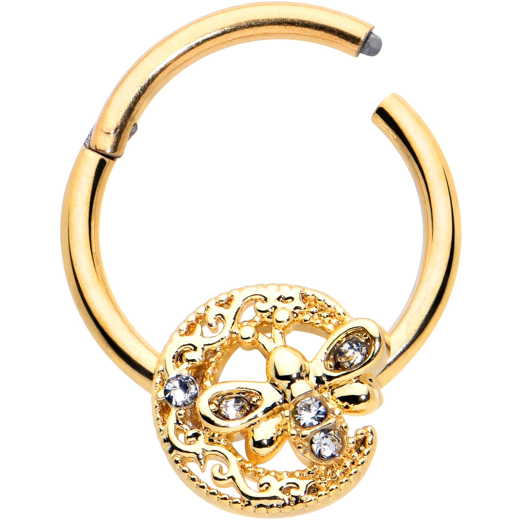 BodyCandy 16G 3/8 Clear Gem Gold Tone Lunar Dragonfly Hinged Segment Ring — detail close-up