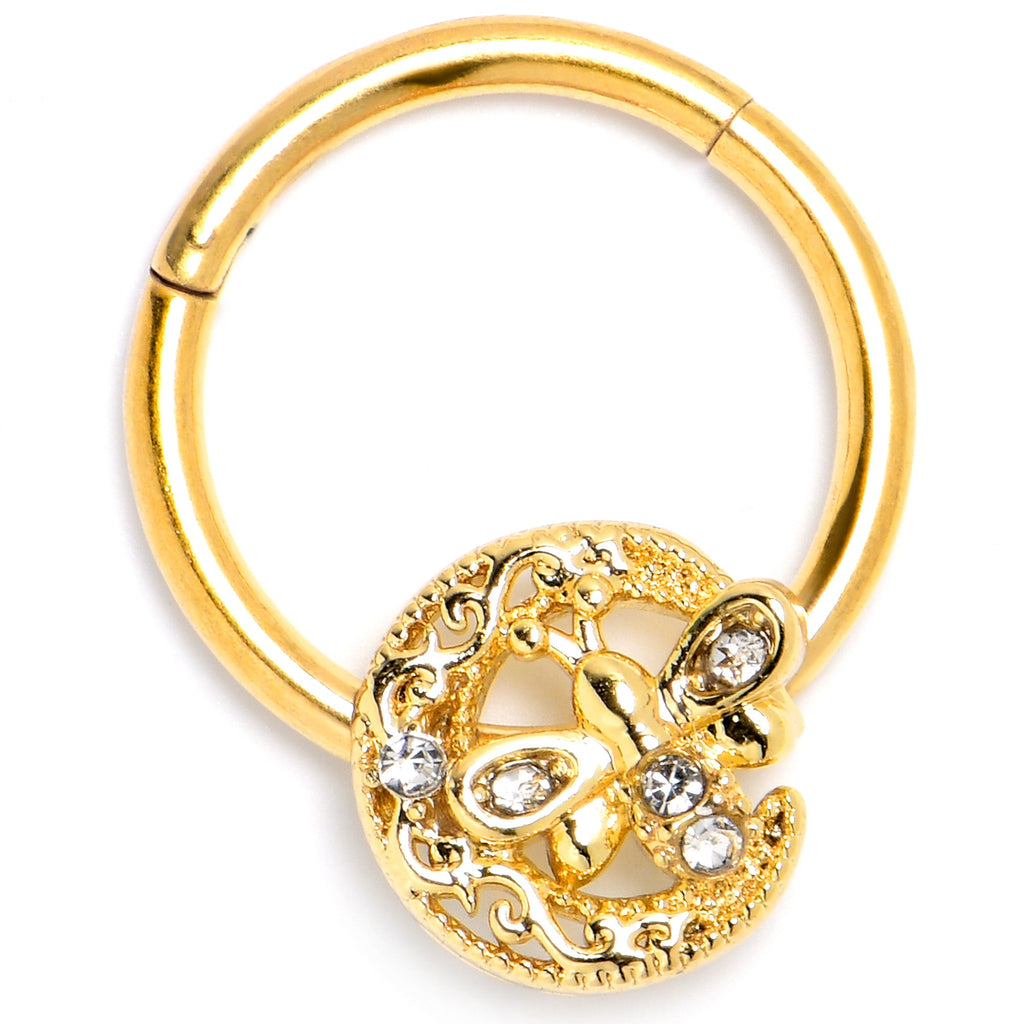 BodyCandy 16G 3/8 Clear Gem Gold Tone Lunar Dragonfly Hinged Segment Ring — side view
