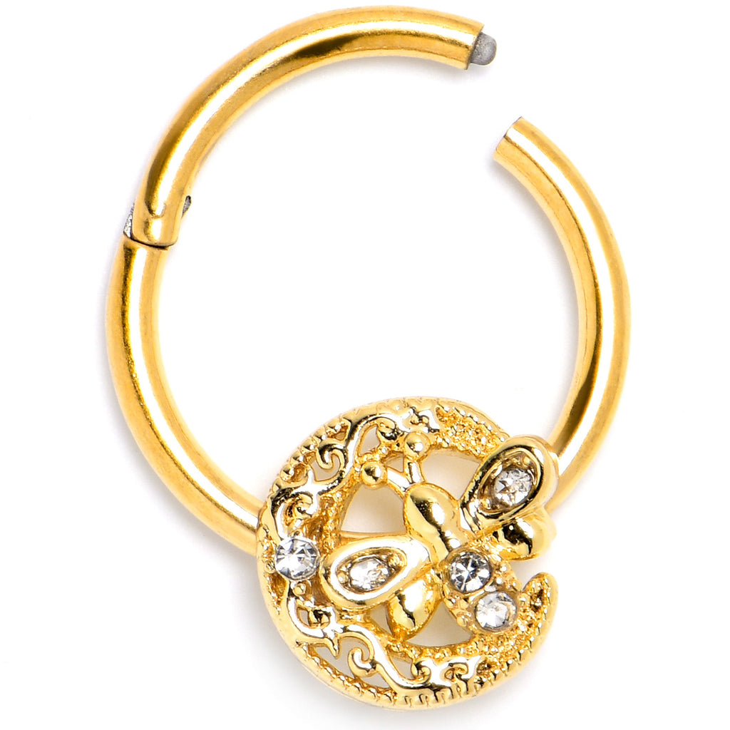 BodyCandy 16G 3/8 Clear Gem Gold Tone Lunar Dragonfly Hinged Segment Ring — back view