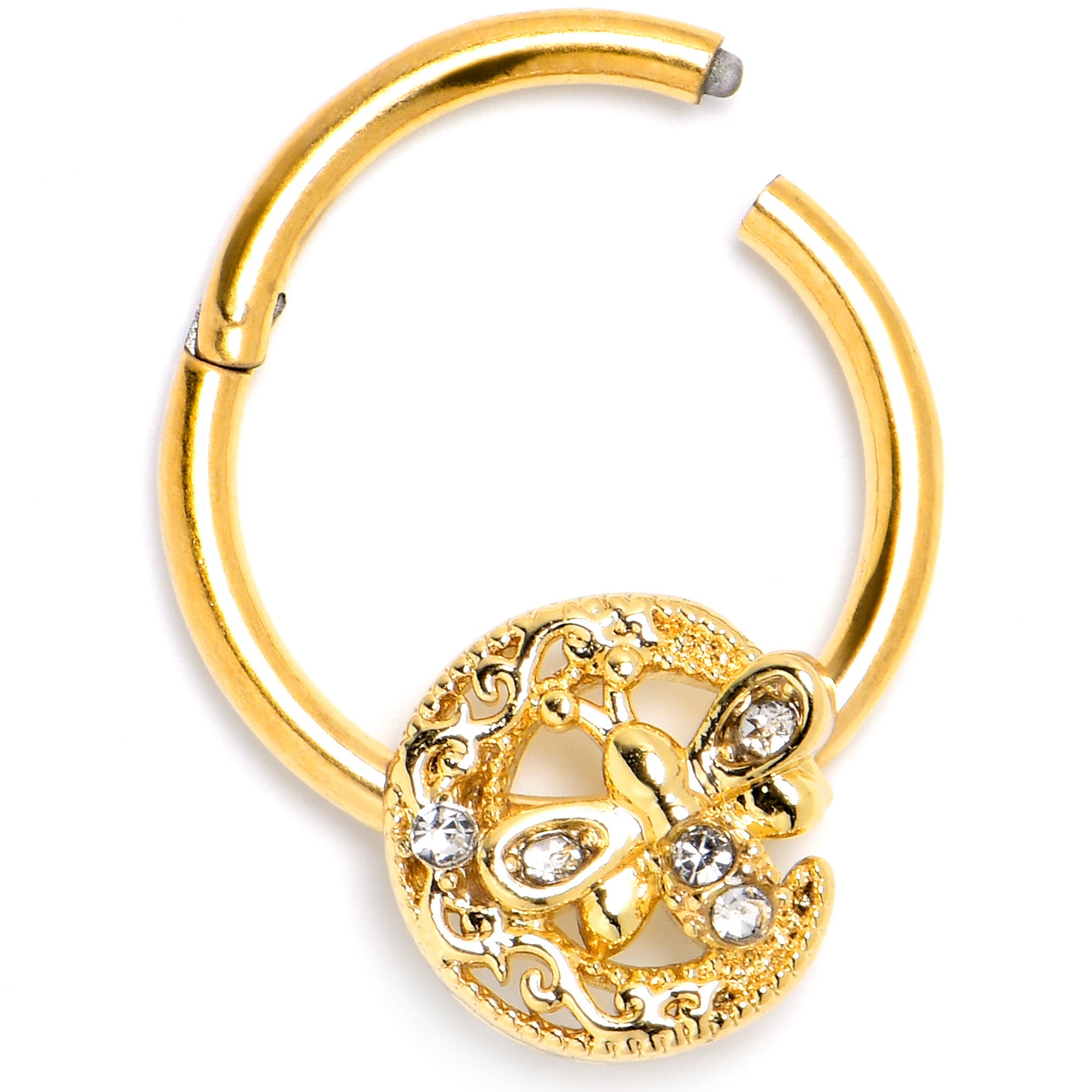 BodyCandy 16G 3/8 Clear Gem Gold Tone Lunar Dragonfly Hinged Segment Ring — back view