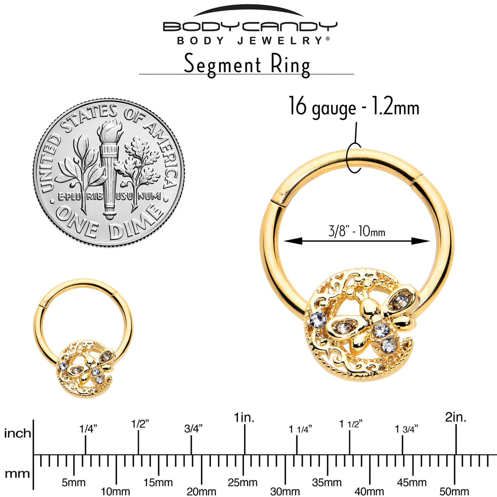 BodyCandy 16G 3/8 Clear Gem Gold Tone Lunar Dragonfly Hinged Segment Ring — alternative angle