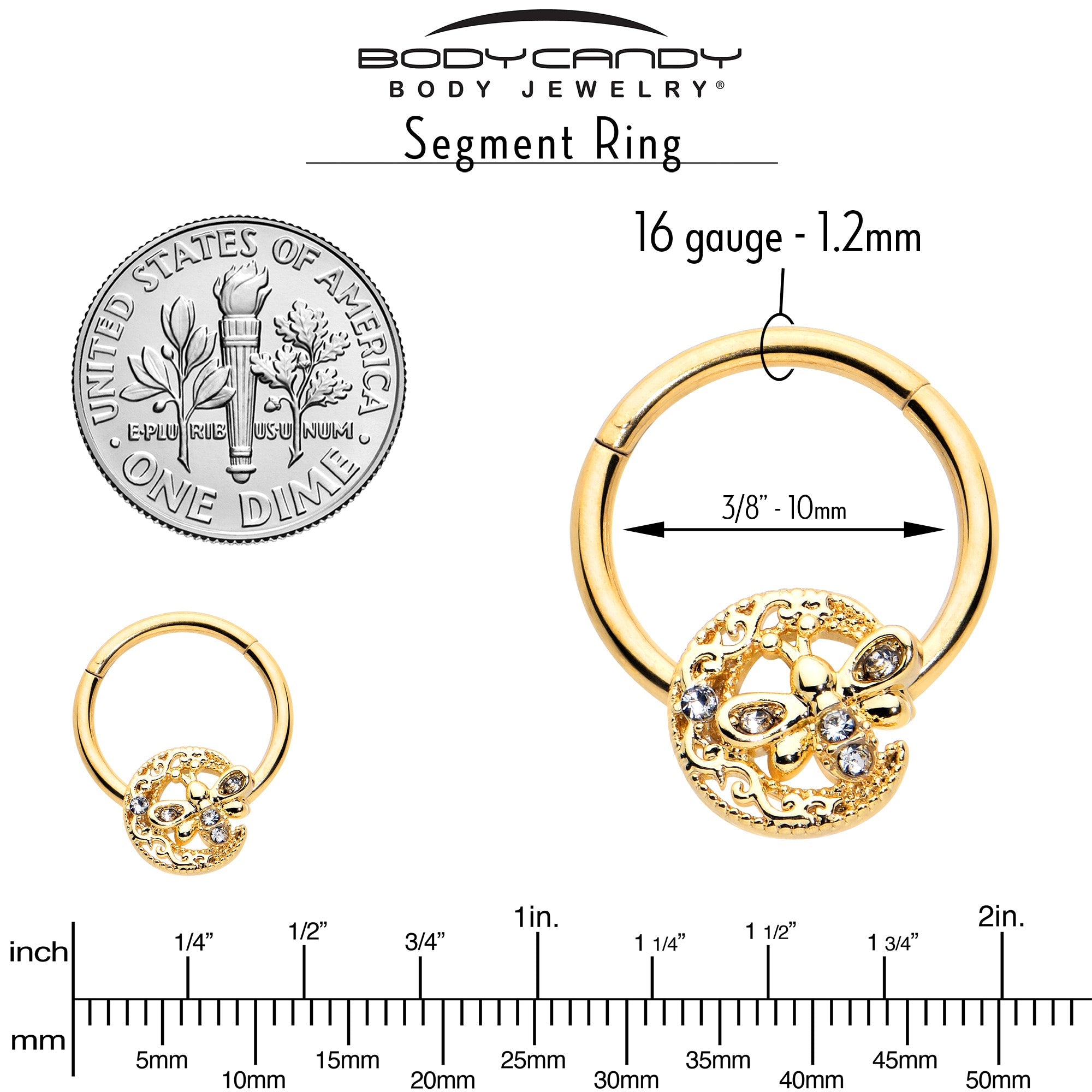 BodyCandy 16G 3/8 Clear Gem Gold Tone Lunar Dragonfly Hinged Segment Ring — alternative angle