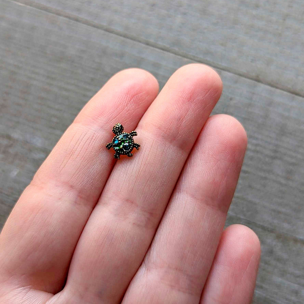 BodyCandy 16G 1/4 Blue Gem Gold Hue Sweet Sea Turtle Cartilage Tragus Earring — back view