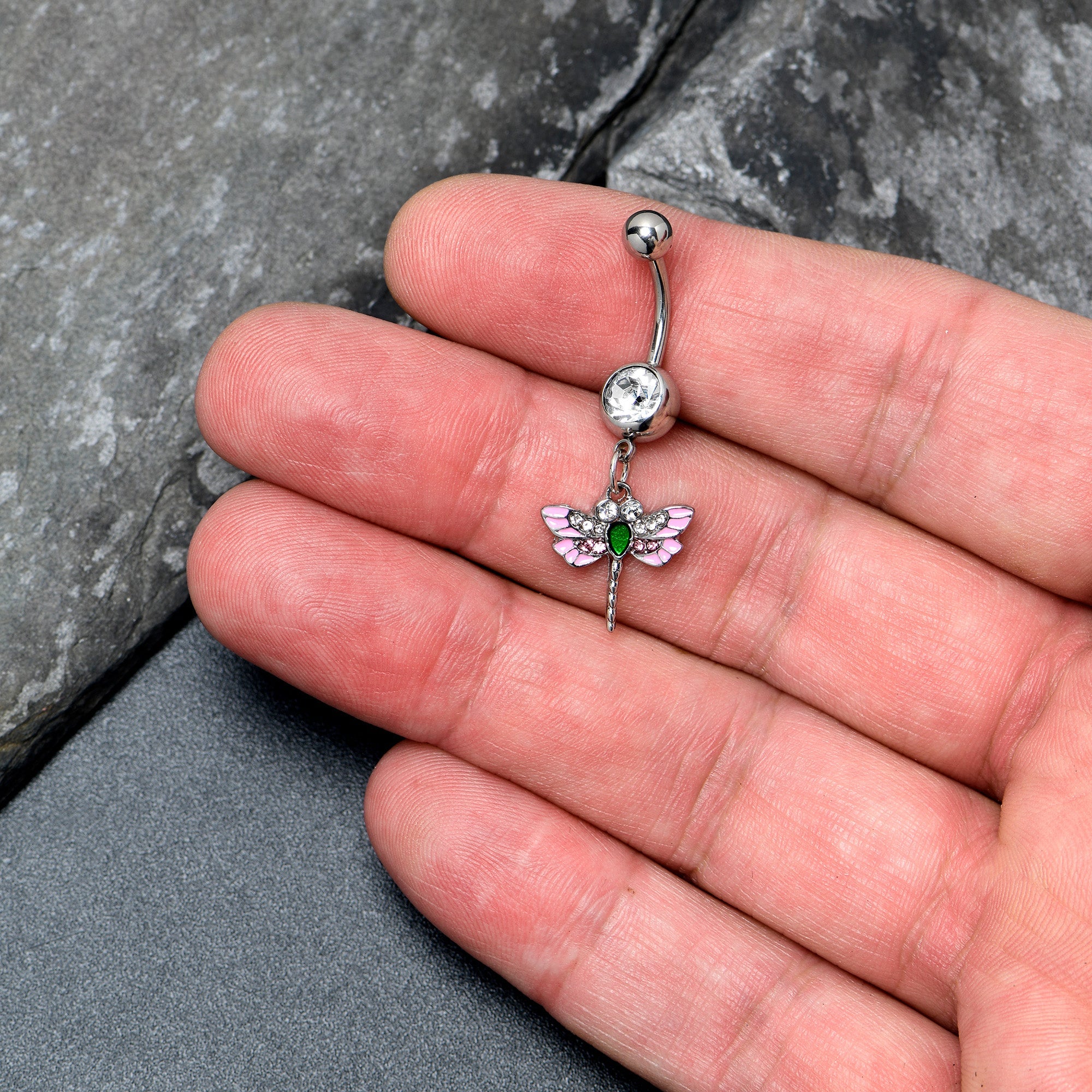 BodyCandy Pink Clear Gem Bright Dragonfly Pink Dangle Belly Ring — detail close-up