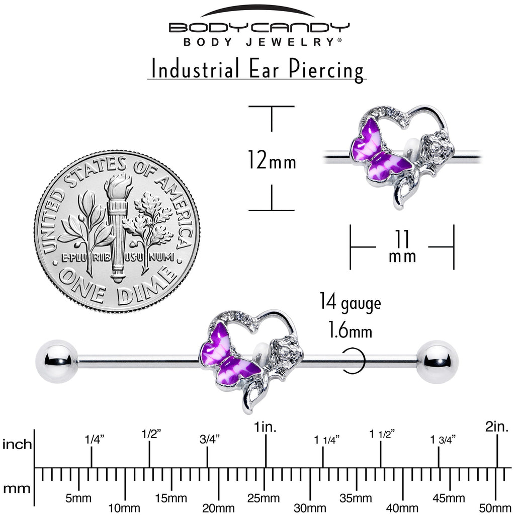 BodyCandy 14G Clear Gem Butterfly Rose Flower Purple Industrial Barbell 38mm — alternative angle